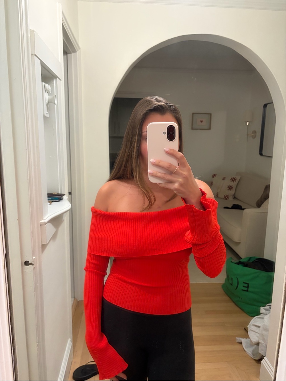 Off-the-Shoulder Ribbed Knit Sweater Top - Red